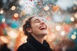 © Сергей Захаров - portrait of person laughing joyfully as confetti rains down with blurred party decorations in background