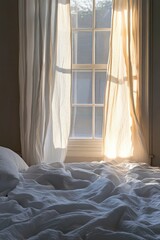 Wall Mural - serene depiction of open window with flowing curtains beside neatly arranged bed lit by soft morning light