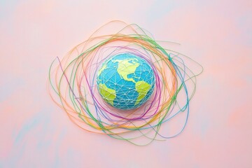 Poster - simple depiction of globe surrounded by interconnected lines in diverse colors placed on matte pastel surface