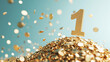 © smth.design - Gold coins falling with a big golden number one on a pile against a blue background