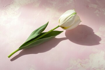 Poster - single tulip placed diagonally on smooth pastel pink surface with soft natural shadows