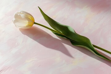 Aufkleber - single tulip placed diagonally on smooth pastel pink surface with soft natural shadows