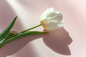 Aufkleber - single tulip placed diagonally on smooth pastel pink surface with soft natural shadows