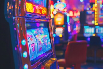 Poster - vibrant close-up of jackpot celebration on slot machine lights pulsating with other machines softly blurred
