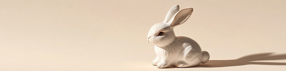 Poster - ceramic bunny figurine sitting on light beige background with soft natural shadows