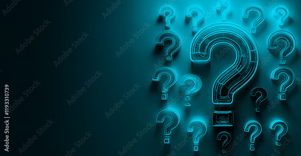 Foto stock di Many 3D neon question marks with the biggest in the ...