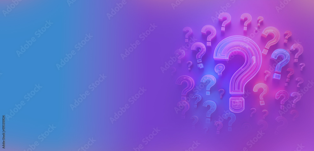 Many 3D neon question marks with the biggest in the centre. Many ...