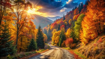 Wall Mural - Autumn Mountain Dirt Road Forest - Scenic Fall Landscape Photography