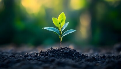 Poster - Fresh Green Seedling Emerging from Fertile Soil in a Lush Natural Environment, Symbolizing Growth, Renewal, and Environmental Sustainability