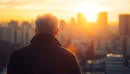Aufkleber - Man in a Dark Coat Standing Against a Beautiful Sunrise Over a City Skyline with Skyscrapers and a Golden Glow in the Background