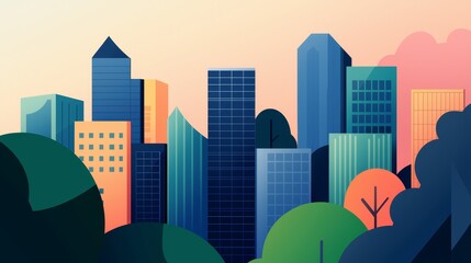 Wall Mural - A vibrant city skyline at sunset, showcasing modern buildings and lush greenery, blending urban life with nature's beauty.