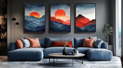 Wall Mural - Modern room, three paintings.