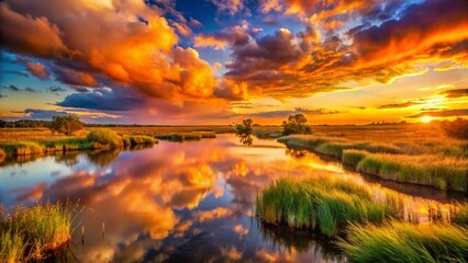 Wall Mural - Breathtaking Sunset Over Wetland: Dramatic Clouds & Orange Hues