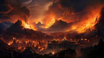 Wall Mural - Fiery Volcanic Eruption Destroys Cityscape