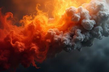 Wall Mural - a banner combining fiery orange and red flames intertwined with dense gray smoke, symbolizing power 