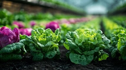 Aufkleber - Colorful varieties of lettuce thrive in a spacious greenhouse filled with natural light.