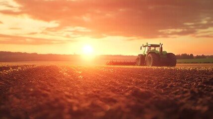 Poster - Beautiful Sunset Over Agricultural Field with Tractor Plowing Soil and Warm Orange Sky, Capturing the Essence of Rural Life and Farming Activities in the Countryside