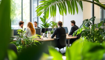 Aufkleber - Modern Office Space with Green Plants and Collaborating Professionals in Bright, Open Workspace Setting, Emphasizing Teamwork and Productivity in Contemporary Environment