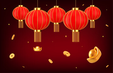 Wall Mural - 3d red chinese lantern, flying ancient old coins of china, golden ingot yuan bao. asian festival ele