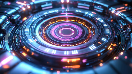 Poster - Abstract representation of glowing AI core with vibrant colors and intricate details, showcasing futuristic design. circular patterns and lights create mesmerizing effect