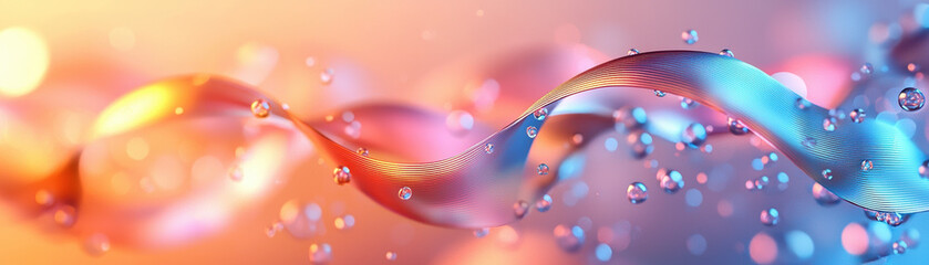 Poster - Floating ribbons in soft luminous atmosphere create vibrant scene filled with colorful reflections and sparkling droplets, evoking sense of tranquility and beauty
