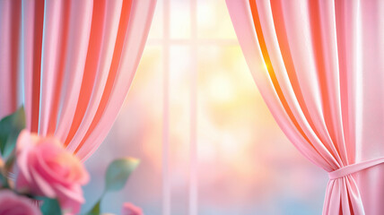 Poster - Soft champagne silk curtains gently frame bright window, creating warm and inviting atmosphere. delicate fabric enhances serene ambiance, complemented by blooming roses nearby