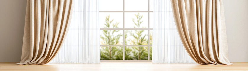 Poster - Cozy natural beige linen curtains frame bright window, enhancing serene atmosphere with greenery outside. Perfect for rustic or modern interior design