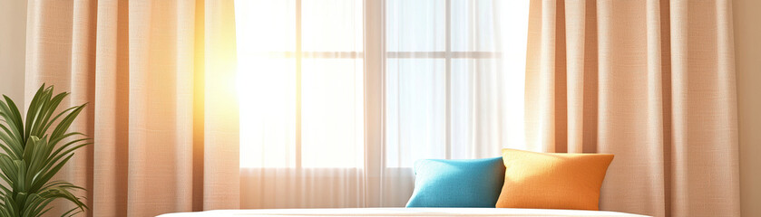 Poster - Cozy bedroom with natural beige linen curtains, bright sunlight, and colorful cushions. serene atmosphere enhances relaxation and comfort in space