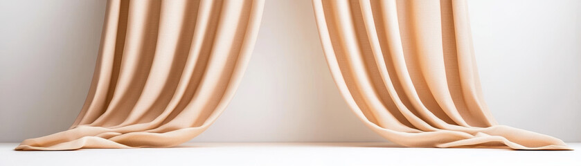 Poster - Soft beige linen curtains create cozy atmosphere, elegantly draping on neutral background. Perfect for enhancing any interior space with warmth and style