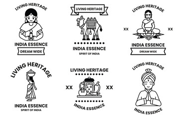 Wall Mural - Set of illustrations in the concept of Indian culture and Indian tourism in line drawing style