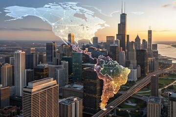 Wall Mural - Chicago Skyline Data Hologram: Double Exposure of America Map & Cityscape, Big Data Technology