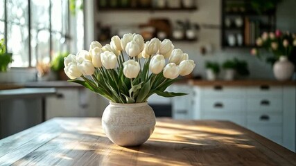 Poster - A bouquet of white tulips sits elegantly in a ceramic vase on a wooden table in a bright kitchen. The space is filled with natural light, highlighting the comfort and charm of spring.