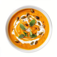 A bowl of creamy pumpkin soup with a swirl of coconut milk and toasted pumpkin seeds, isolated white background, contemporary art style