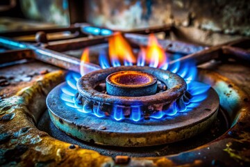 Wall Mural - Close-Up of Abandoned Building Gas Stove Burner with Vivid Blue Flame