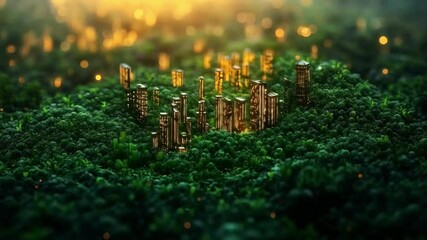 Poster - In a lush green environment, advanced agricultural technologies form a vibrant urban setting illuminated by golden lights at dawn.