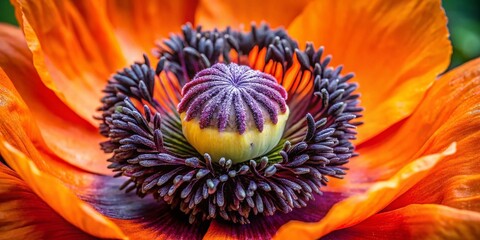 Wall Mural - Close-up of vibrant orange poppy flower with delicate petals and black center, botanical photography