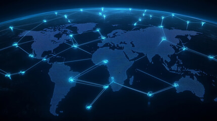 Poster - global logistics network concept with interconnected nodes across digital world map, symbolizing modern transportation and communication systems