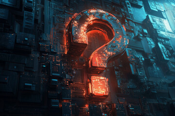 Fototapete - glowing red question mark is surrounded by a dark background. The image has a futuristic and mysterious vibe, with the question mark appearing to be a symbol of curiosity and wonder