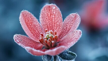 Poster - A pink flower displays intricate petals adorned with droplets of dew. The soft focus background enhances its beauty, highlighting its vibrant colors in the gentle morning light.