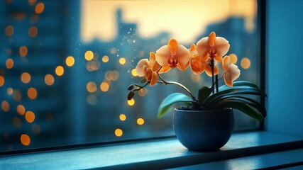 Aufkleber - A stunning orchid plant in a pot sits on a windowsill in a warm kitchen, with soft city lights glowing in the background as evening descends, creating a serene and cozy atmosphere.