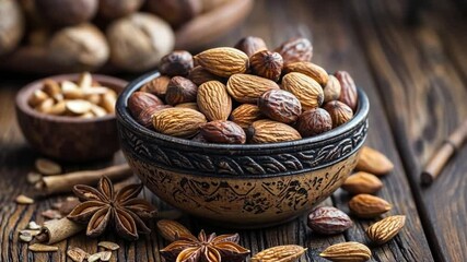 Wall Mural - Explore a stunning arrangement of almonds and other nuts in an artistic bowl. This video emphasizes healthy snacks and natural beauty in food presentation. Generative AI