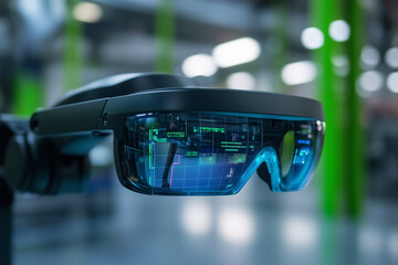Poster - pair of blue virtual reality goggles with a green background. The goggles are on a stand and are looking at the camera