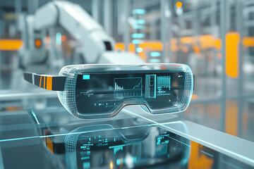 Aufkleber - pair of virtual reality goggles is displayed on a table. The goggles are made of a clear plastic material and have a futuristic design. Concept of innovation and technology
