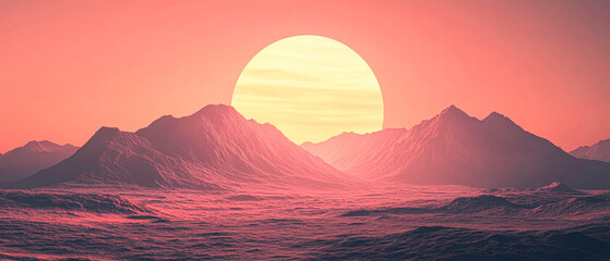 Wall Mural - A large sun is setting over a mountain range