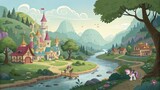 Fairytale Castle Landscape Digital Painting, Fantasy Village, River, Mountains, Digital Art, Pony Fantasy art, digital painting