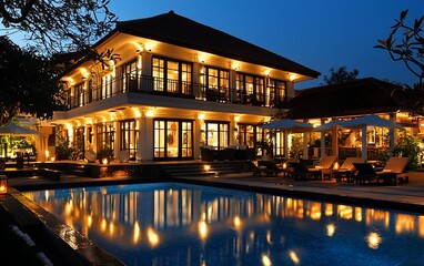 Canvas Print - Luxurious villa at night with pool and lights.