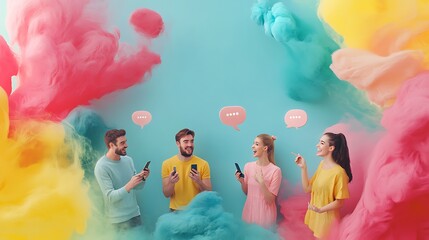 Four happy friends using smartphones, colorful background, chatting.