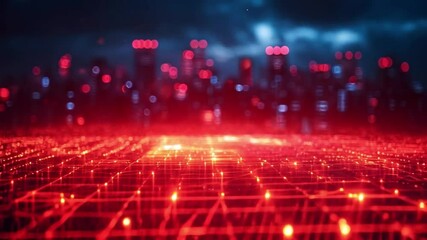 Poster - A dynamic urban landscape illuminated by glowing red lights, showcasing the integration of advanced agriculture technologies.