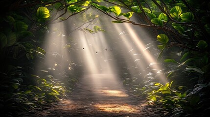 Wall Mural - Sunlit Forest Pathway with Lush Greenery and Gentle Light Rays