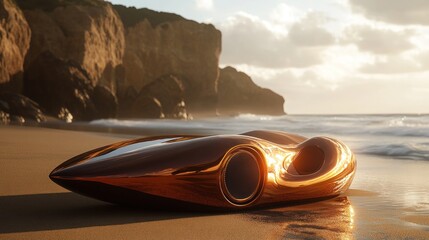 Wall Mural - Futuristic Metallic Object on a Beach at Sunset - Conceptual Art for Sci-Fi Settings